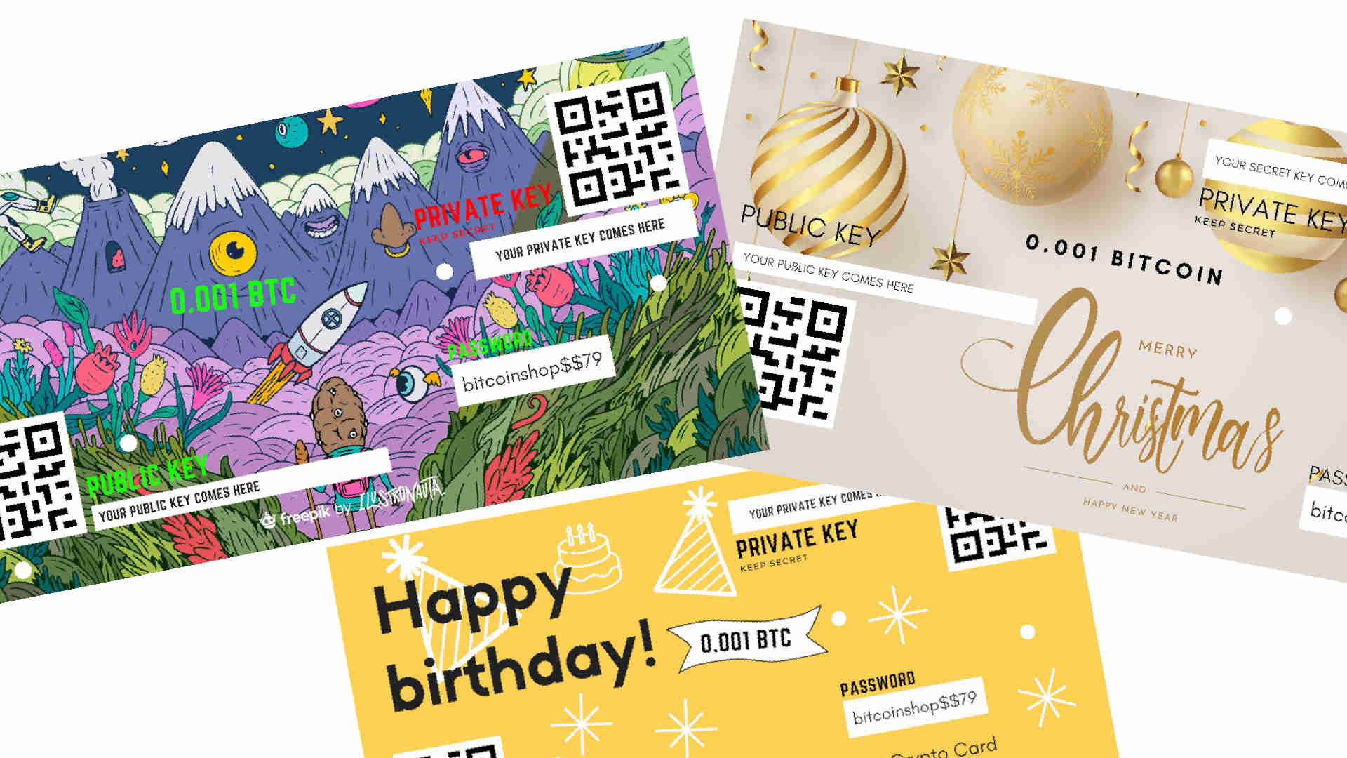 die perfekte geschenkidee, bitcoin karten in verschiedenen designs. crypto voucher für weihnachten, crypto voucher für Geburtstag und crypto voucher abstract design karte