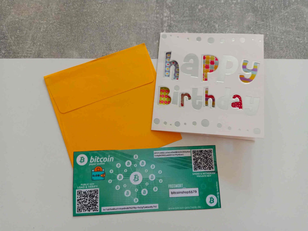 bitcoin gift card with happy birthday card
