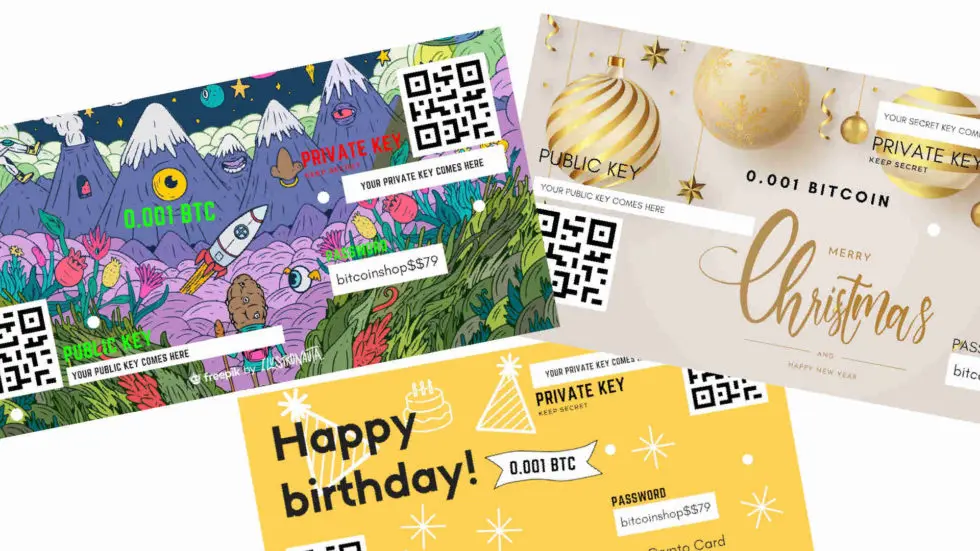 different bitcoin gift cards, crypto voucher in different designs. One happy birthday design, one marry christmas deisgn and one in abstract style design